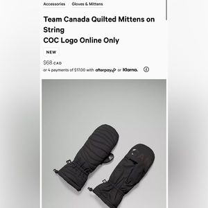 Lululemon Team Canada Quilted Mittens on String 
COC Logo size M/L